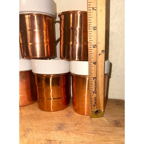 Set Of 7 Copper & White Ceramic Mugs With Brass Handles - Picture 2 of 7